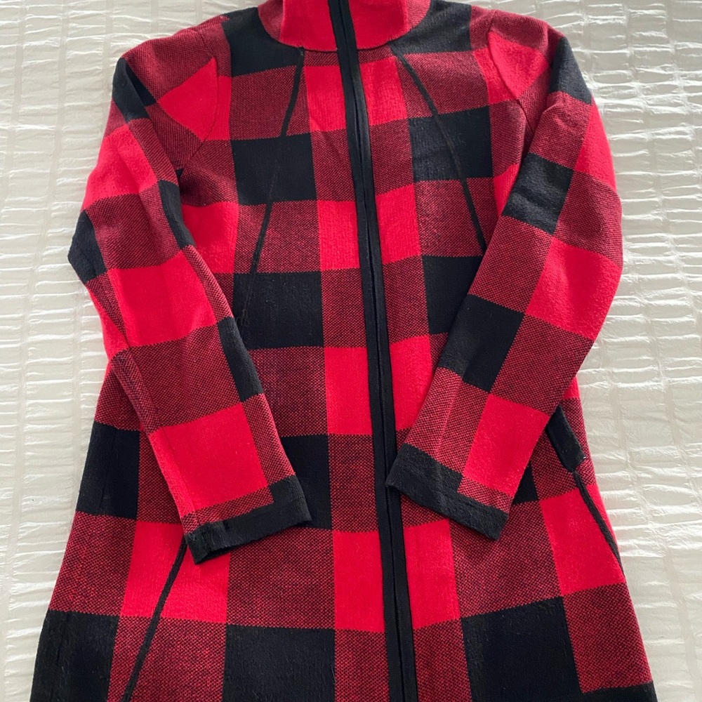 Adrienne Vittadini Red and Black Plaid Cardigan